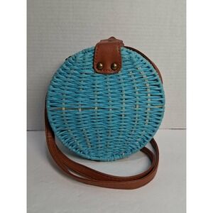 Turquoise Rattan Straw Bag Wicker Purse Round Crossbody Leather Strap Boho